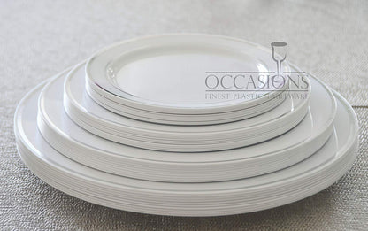 OCCASIONS 40 Piece Disposable Plastic Charger Plates 12 Inch Heavyweight Chargers for Dinner Plates, Wedding, Party, Bulk Table Setting – Premium White & Silver Rim Collection