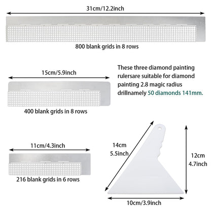 LUORNG 3PCS Diamond Painting Ruler Set, Stainless Steel 5D Diamond Ruler Tools with 216, 400 and 800 Blank Grids, 2PCS Fixing Tools for DIY Painting Kits