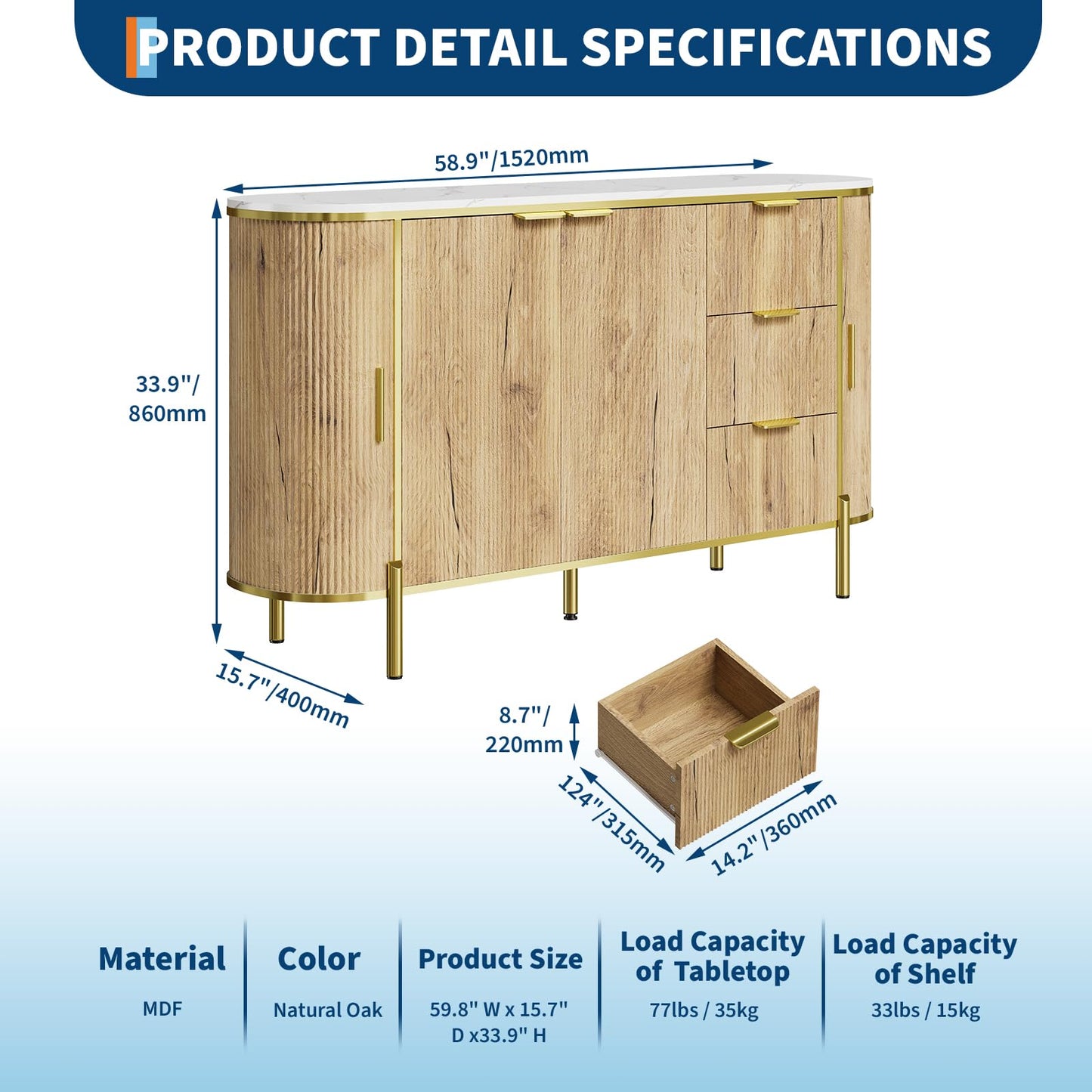 Sideboard Buffet Storage Cabinet, 60in Large Modern Fluted Cupboard Coffee Bar TV Console Cabinet with 3 Drawers and Adjustable Shelf for Kitchen Dining Room Entryway Living Room, Natural Oak