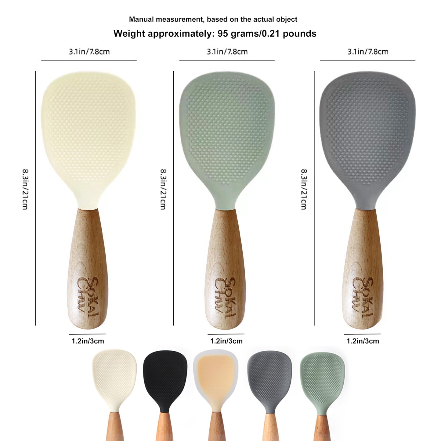 SoKalChw Standing Silicone Cooking Spoon and Rice Spoon with Wooden Handle, Great for Cooking, Mixing, Scoop, Scrape, Non stick Heat Resistant (Grey)