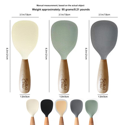 SoKalChw Standing Silicone Cooking Spoon and Rice Spoon with Wooden Handle, Great for Cooking, Mixing, Scoop, Scrape, Non stick Heat Resistant (Grey)