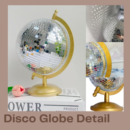 MFGDISCO Disco Ball Globe, Home Decor Statues, Classic Tabletop Art Sculpture with Metal Base, Discoball Unique Western Modern Decorative Aesthetic Sculptures, 8.5" x 8" x 12", Bright Gold