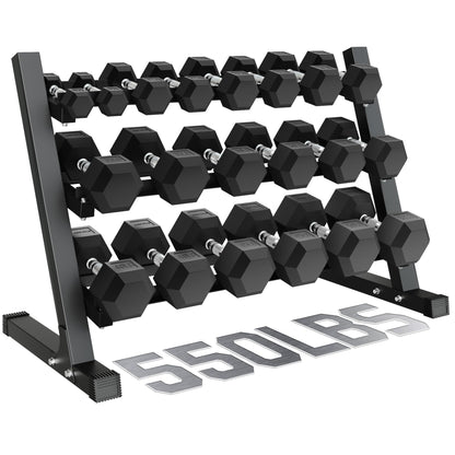 GOIMU Dumbbell Sets with Rack, Rubber Hex Dumbbells, 220/280/360/450/550LBS, Hand Weights with Chrome Handle for Strength Training(550LBS with Rack)