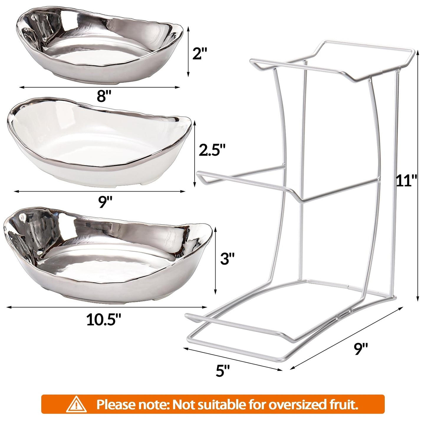 Goaste 3 Tier Ceramic Fruit Bowl, Oval Tiered Serving Bowl Set, Porcelain Fruit Basket with Metal Stand, Large Detachable Fruit Storage Holder Rack for Kitchen Counter, Vegetable, Cake, Dessert, Salad