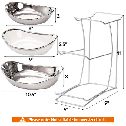 Goaste 3 Tier Ceramic Fruit Bowl, Oval Tiered Serving Bowl Set, Porcelain Fruit Basket with Metal Stand, Large Detachable Fruit Storage Holder Rack for Kitchen Counter, Vegetable, Cake, Dessert, Salad