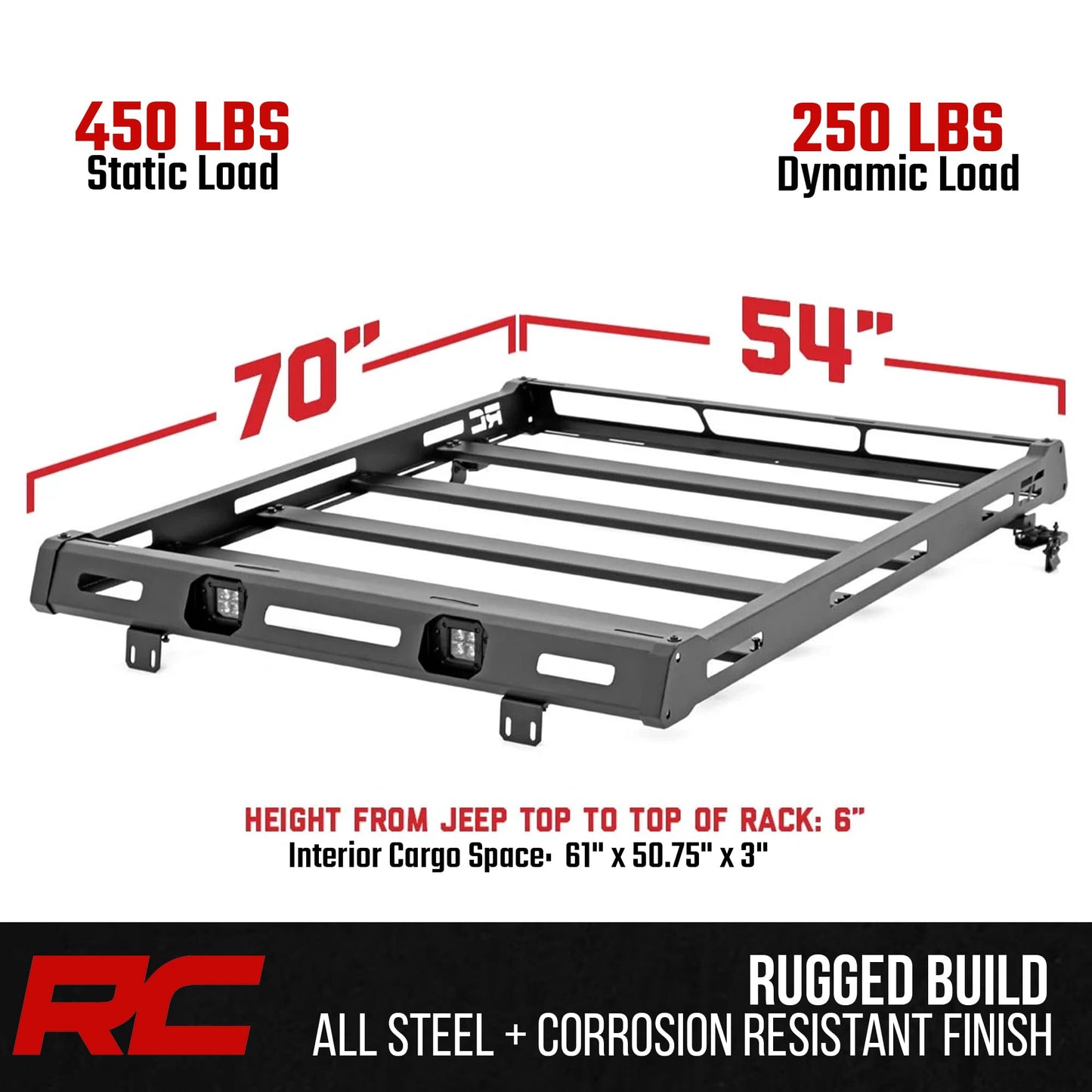 Rough Country Roof Rack for Jeep Wrangler JK (2007–2018) - Heavy-Duty Cargo Rack, Freedom Top Compatible, Low-Profile Overland Design