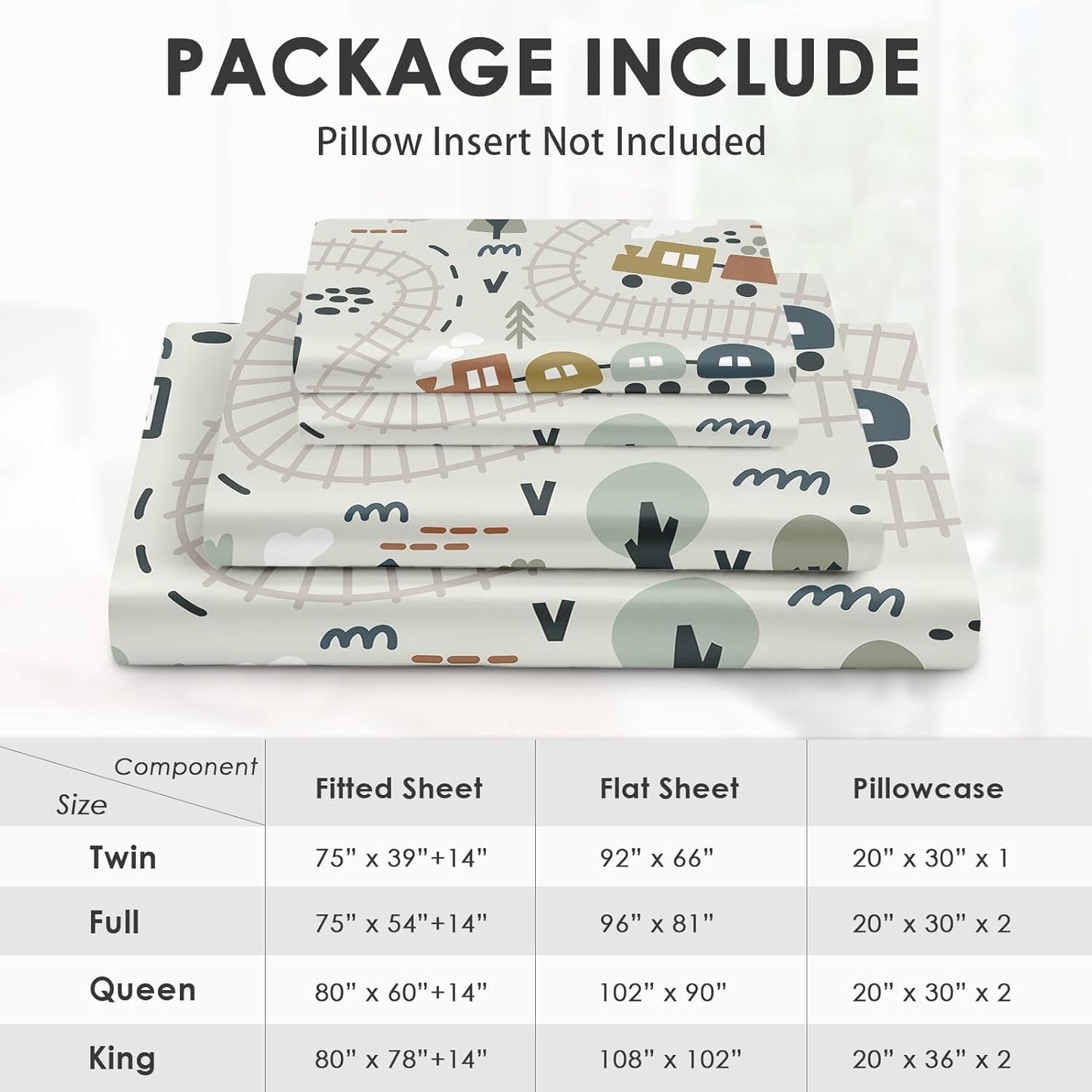 4 Set Sets Pcs Fitted Sheet Full Size, Cute Baby Car Train Road Map, Bed Decor Funny Nursery Cartoon Forest Traffic