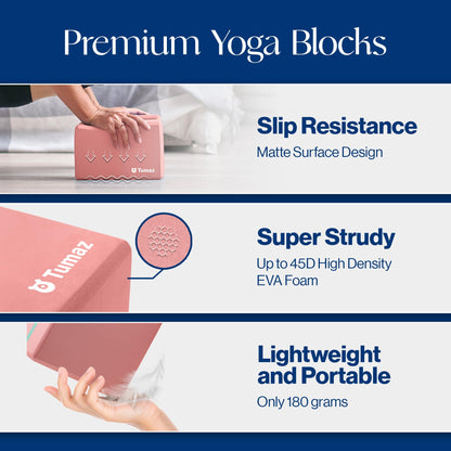 Tumaz Non-Slip Yoga Blocks 2-Pack - High Density/Lightweight EVA Foam & Natural Cork for Stability, Premium Set with E-Book Included