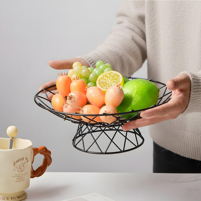 AIYICIII Large Metal Wire Fruit Bowl, 12-inch Round Mesh Fruit Basket for Kitchen Countertop, Modern Decorative Bread Vegetable Storage Holder Organizer, Sleek Black Iron Art(Black)