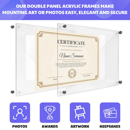 AmazingSpark 1 Set Pressed Flower Diploma Frame Floating Frameless Clear Acrylic Wall Mount Picture Frame, 24 Nano Strip 6 Color Pressed Flower for Certificate Degree Artwork (11x14'',Colorful)