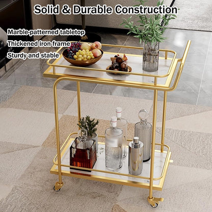 FGQuelleBM Commercial 2/3-Tier Serving Cart with Handles, Rectangular Beverage Cart with Brake Wheels, Marble-Pattern Top & Fence for Cakes(Gold White A)