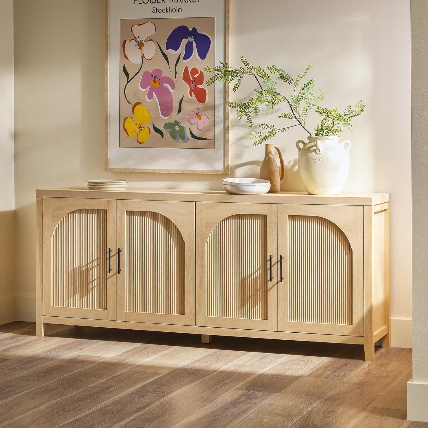 Walker Edison Sasha 4-Door Reeded Sideboard Buffet with Cord Management, 70 Inch, Coastal Oak