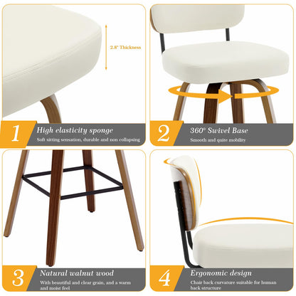 Bekrvio Swivel Counter Height Bar Stools Set of 4, 26" Upholstered Faux Leather Barstools with Back and Bent Wood Legs, Mid Century Modern Bar Chair Island Stool for Kitchen Counter, Cream White