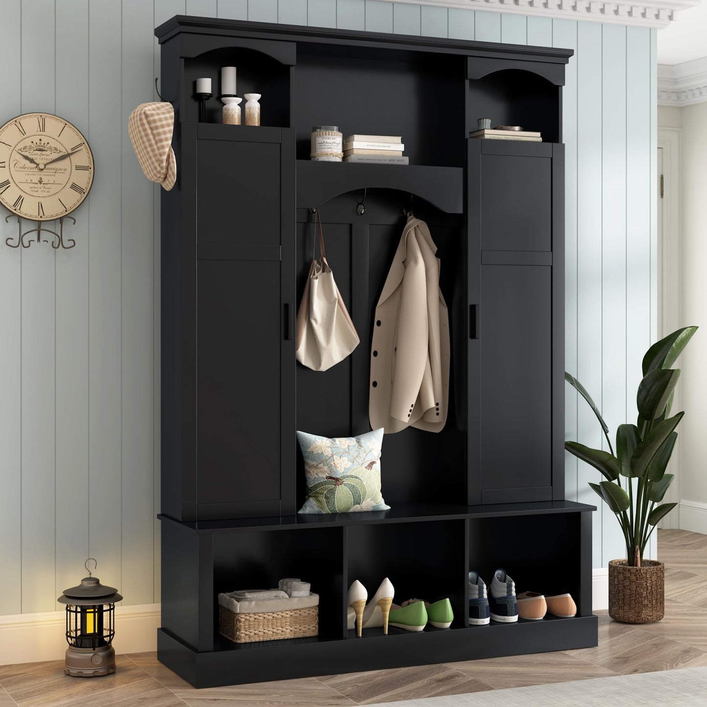 THINK 30 Modern All-in-One Hall Tree with Adjustable Shelves, Classic Arched Farmhouse Storage Bench with Dual Side Cabinets, Elegant Entryway Organizer with 7 Hooks for Mudroom, Hallway, Black