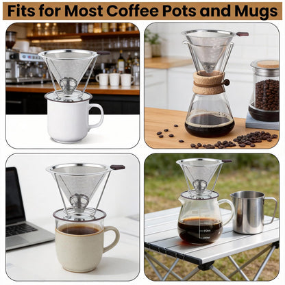 Vikuces®800 Mesh Reusable Pour Over Coffee Dripper, Metal Stainless Steel Honeycomb Filter, Paperless Cone Filter for Hario V60, Chemex and Mugs with Separate Stand, Single Cup Coffee Maker, 1-4 Cup