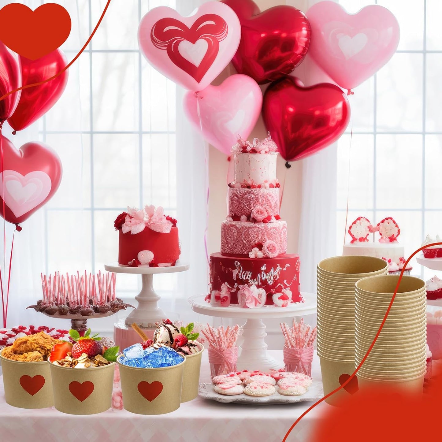 Hsei 60 16oz Pcs Valentine's Day Disposable Soup Bowls Heart Ice Cream Cups Snack Paper Bowls Dessert Sundae Yogurt
