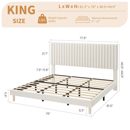 GarveeHome King Size Bed Frame, Upholstered Platform Bed Frame Queen Size with Vertical Channel Tufted Adjustable Headboard, Strong Wooden Slats Support, No Box Spring Needed, Easy Assembly, Beige