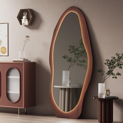 osemy 67"x 26" LED Wood Full Length Mirror with Lights Irregular Wavy Full Body Mirror Shatter-Proof Hanging/Leaning Wall Mounted Walnut Wooden Framed for Dressing Bedroom Living Room