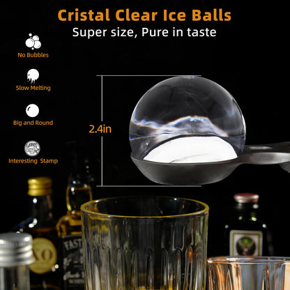 PushGoGo Clear Ice Ball Maker,Four Large 2.4" Crystal Clear Ice Balls for Whiskey, Cocktails, Bourbon,4-Cavity BPA-Free Silicone Easy Remove Ice Sphere Molds with Storage Bag,Stamp
