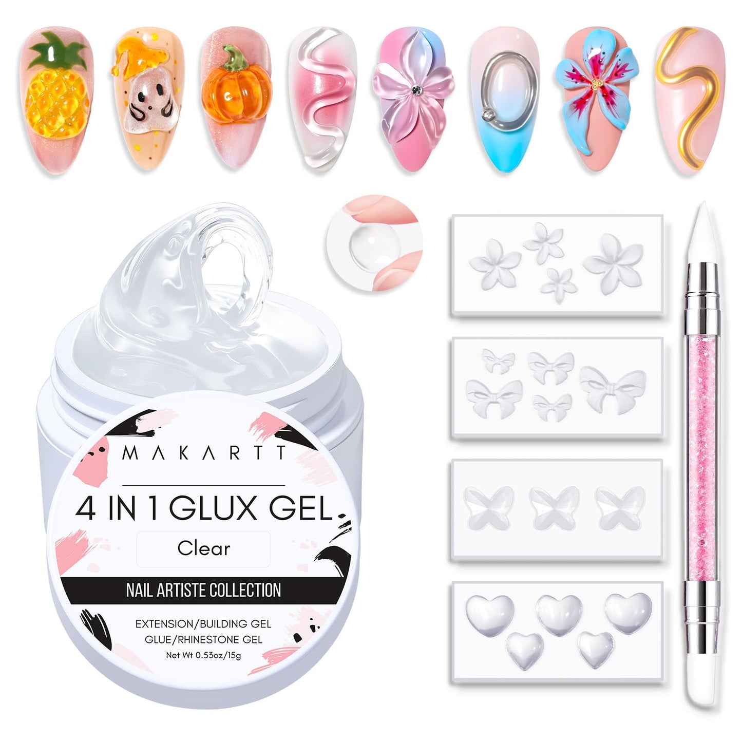 Makartt Clear Gel Builder Kit: Self-Levelling, Long Lasting Extension Hard Gels for Strengthener, Broken Nails Repair Gel Kit with Paper Forms, Dual forms, Nail File and Dual-End Brush 1.06 oz