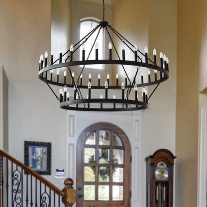 Yikrfiae 2 Tier Black Large Wagon Wheel Chandelier, 54-Lights 60 Inch Farmhouse Pendant Light Fixture, Round Rustic Hanging Lighting for Dining Room Kitchen Island Foyer Entryway