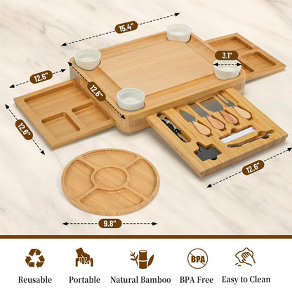 CAWIU Charcuterie Board with Lid – Large Bamboo Cheese Board Set with Utensils & Drawers – Housewarming, Wedding Gifts for Couples, Serving Tray with Cover (Black)