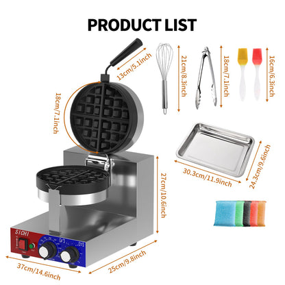 HTTSICHI Commercial Waffle Maker - Belgian Waffle Maker w/Non-stick Baking Pan and 550℉ Heating, 1200W Rotating Waffle Iron for 1.2" Thick, Stainless Steel Round Waffle Machine for Restaurant