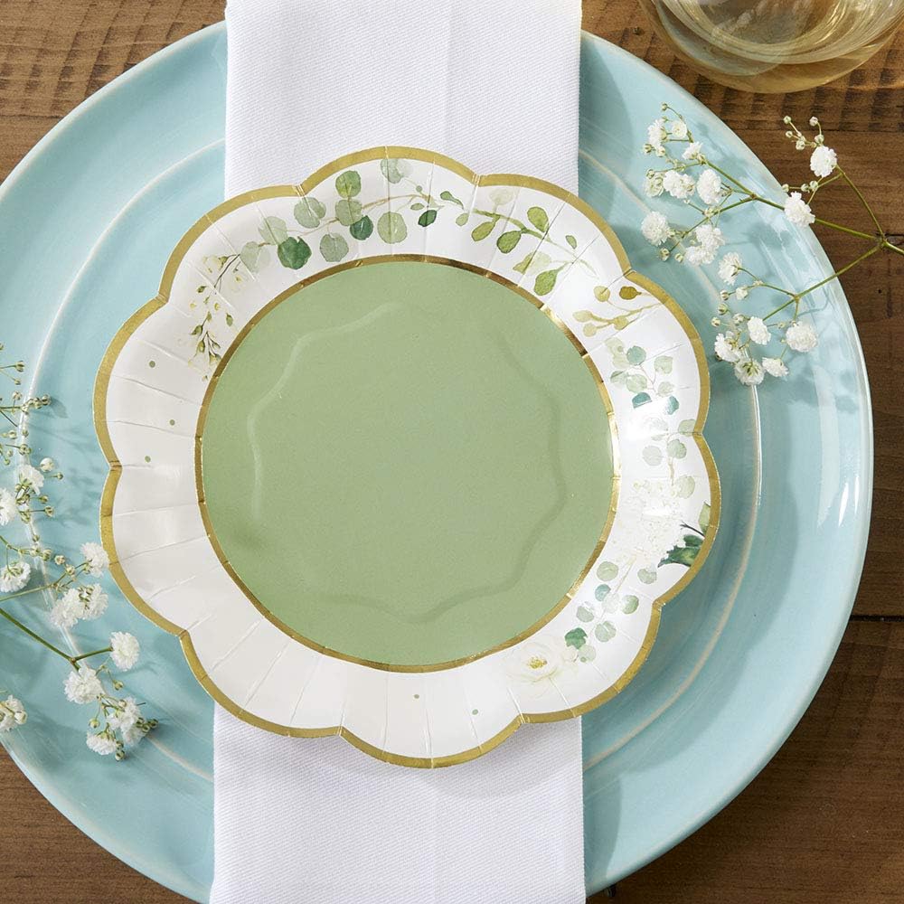 Kate Aspen Sage Green Party Decorations, Eucalyptus Floral Print 7 in. Decorative Paper Plates, Set of 16 for Showers