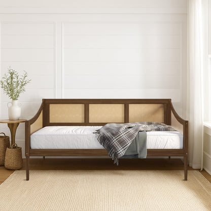 HOME DESIGN Elko Twin Daybed with Natural Wood Grain Frame and Rattan Accents, Solid Wood, Brown