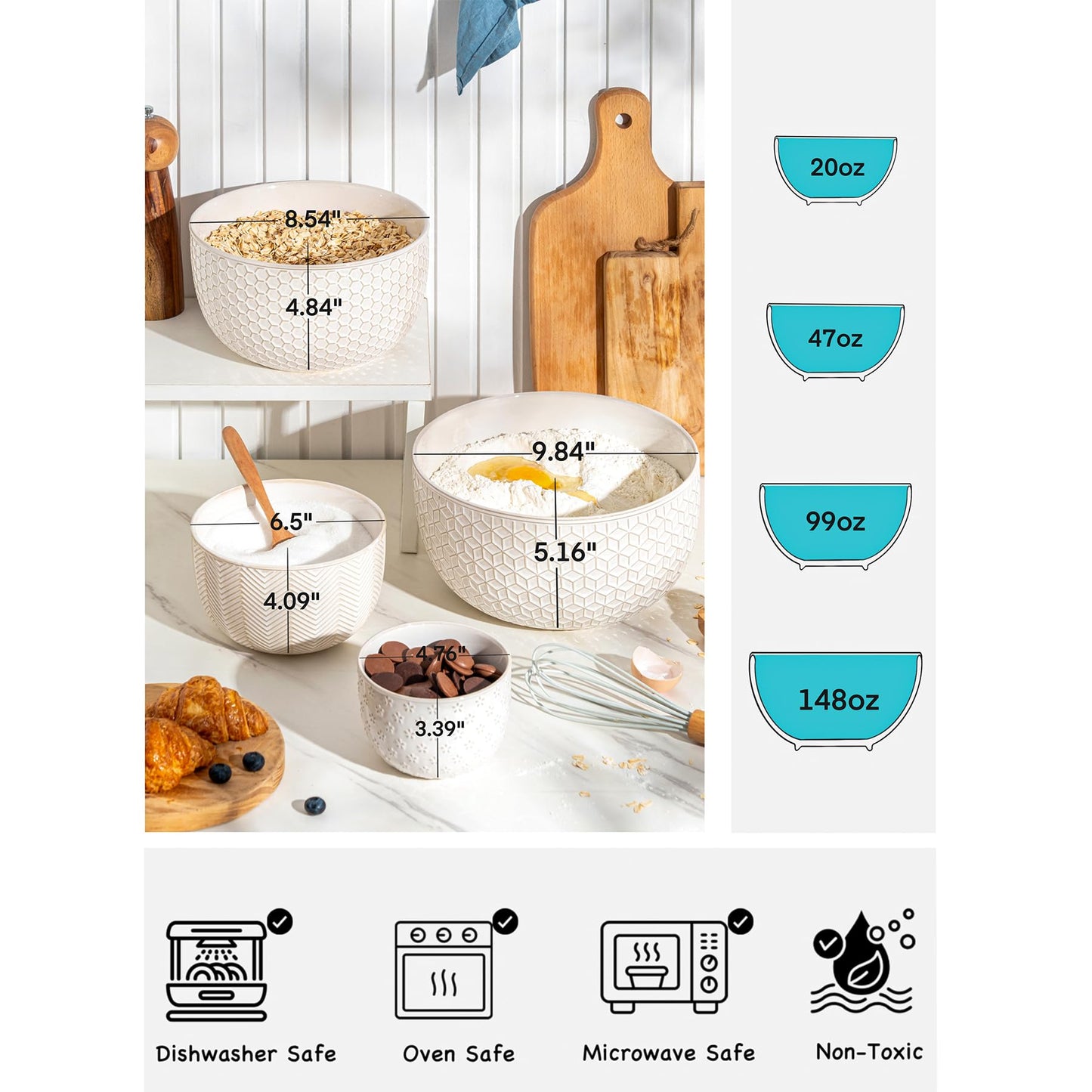 MIKIGEY Ceramic Mixing Bowls, Embossed Nesting Bowls Set of 4, Mixing Bowl Set for Serving, Baking, Cooking and Gift, Microwave and Dishwasher Safe, 20/47/99/148 oz, Off-White