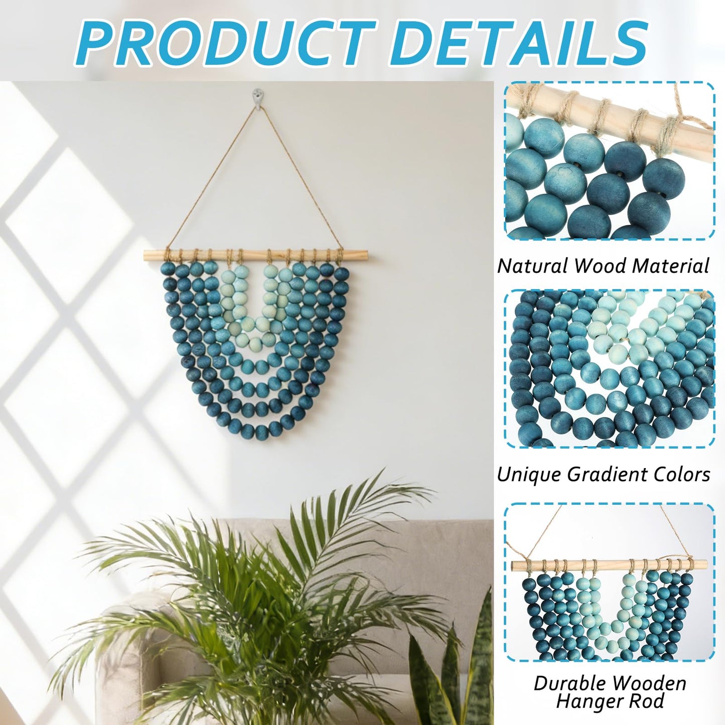Boho Chic Wooden Bead Garland Wall Hanging Tapestry, Handcrafted Home Décor Inspired by Nature, Suitable for Living Room, Bedroom, Entryway, Nursery, Apartment & Dorm (Coastal Breeze Ombre, 12 inches)