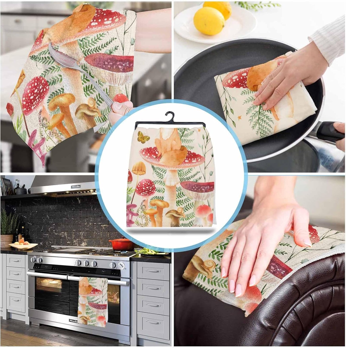 Mushroom Fox Kitchen Towels, Absorbent Microfiber Dish Towels with Eucalyptus Botanical Flower Leaves Herbs (2-PC)