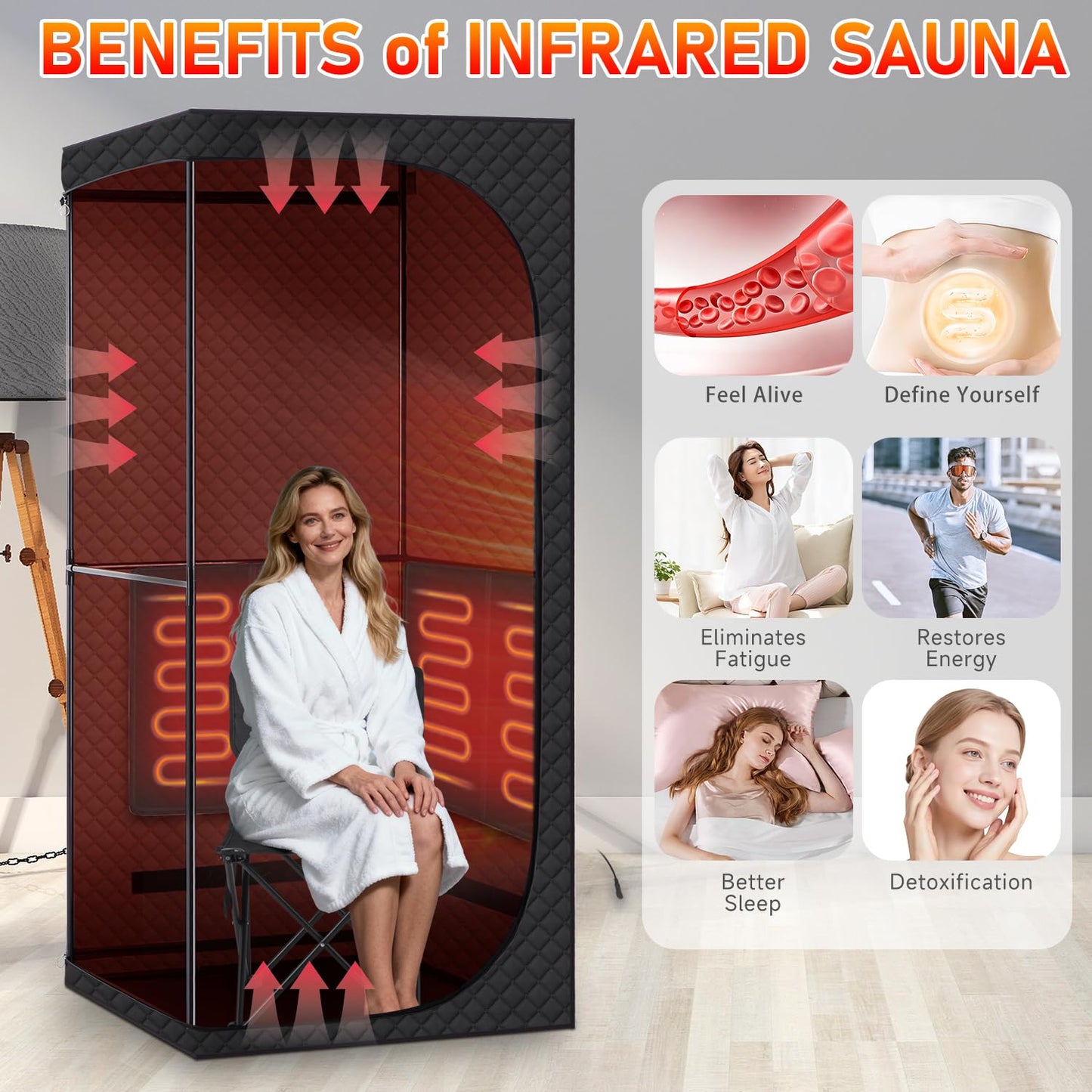 Fulove Portable Infrared Sauna Room, Dry Sauna Tent for Detoxification and Relaxation with Red Light Therapy and Folding Chair, 9 Levels, 32″×35″×71″