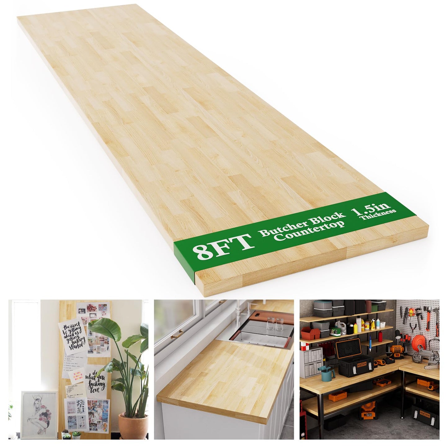 8FT Butcher Block Countertop Birch Solid Wood - 98" x 25" Table Top Butcher Block Cutting Board for Kitchen Island Cart Living Dining Office Desk Washer Dryer Countertop Replacement Unfinished 1.5" Th