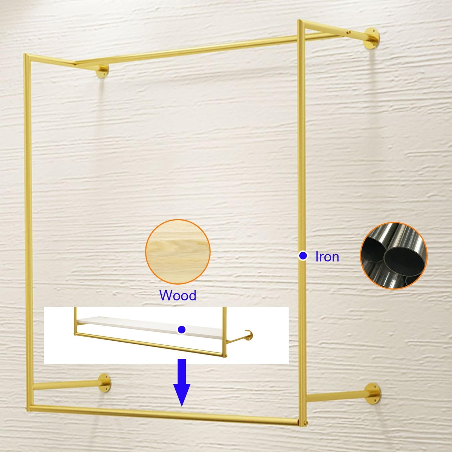 JIANSMZ Wall-Mounted Clothes Drying Rack with Metal Rod & Wooden Shelf Versatile Garment Stand for Retail Display & Home Storage 150x30x100cm Ideal for Exhibition Spaces