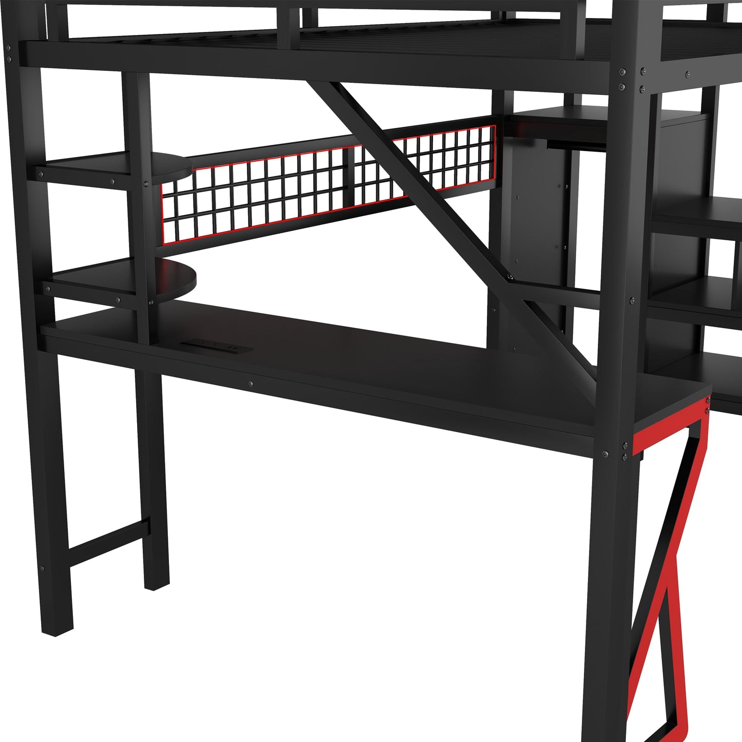 KEIKI Full Size Loft Bed with Storage Stairs, Wardrobe & Desk, Metal Loft Bed with Light, USB Ports, Guardrails, Storage Shelves, Space Saving Frame with High Guardrails for Kids Teens Adult, Black