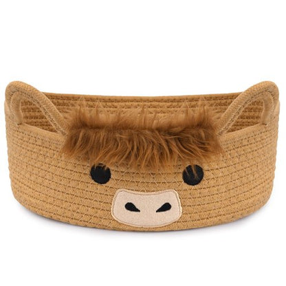 Hkojewp Oval Highland Cute Cow Basket for Nursery, Small Woven Gift Basket, Rope Cotton Storage for Gifts Empty, Baby Shower Blanket 0rganizer with Handles,Towel Decorative Bins, 12"D x 5"H in