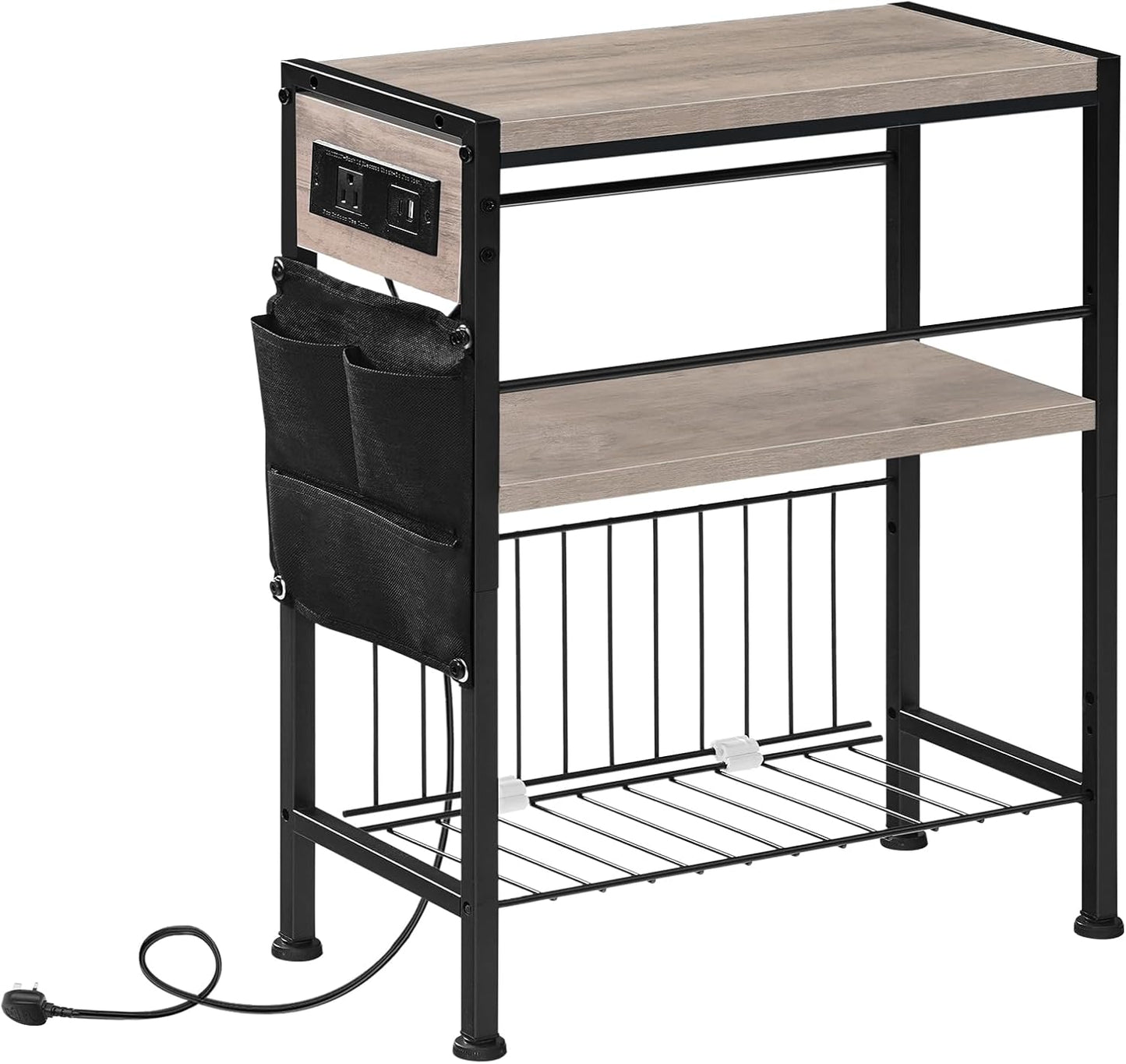 3-Tier BG412UBZ01 HOOBRO End Table with Charging Station, Small Side Table with Magazine Holder, Nightstand Bedside