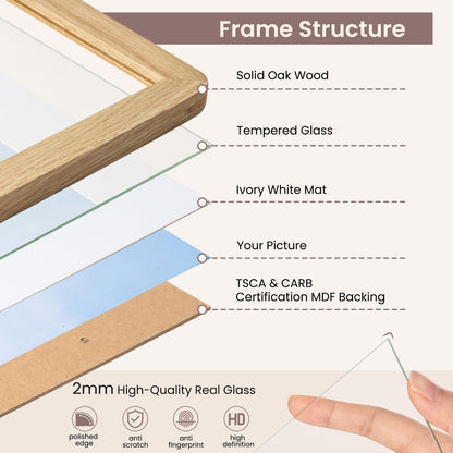 FLYJOE 5x7 Picture Frame - Solid Oak Wood 5 x 7 Photo Frame, 5''x7'' Frame With Mat For 4x6, Tabletop and Wall Display, Hanging Hardware Included, 5 By 7 Picture Frame Wood, Natural Oak