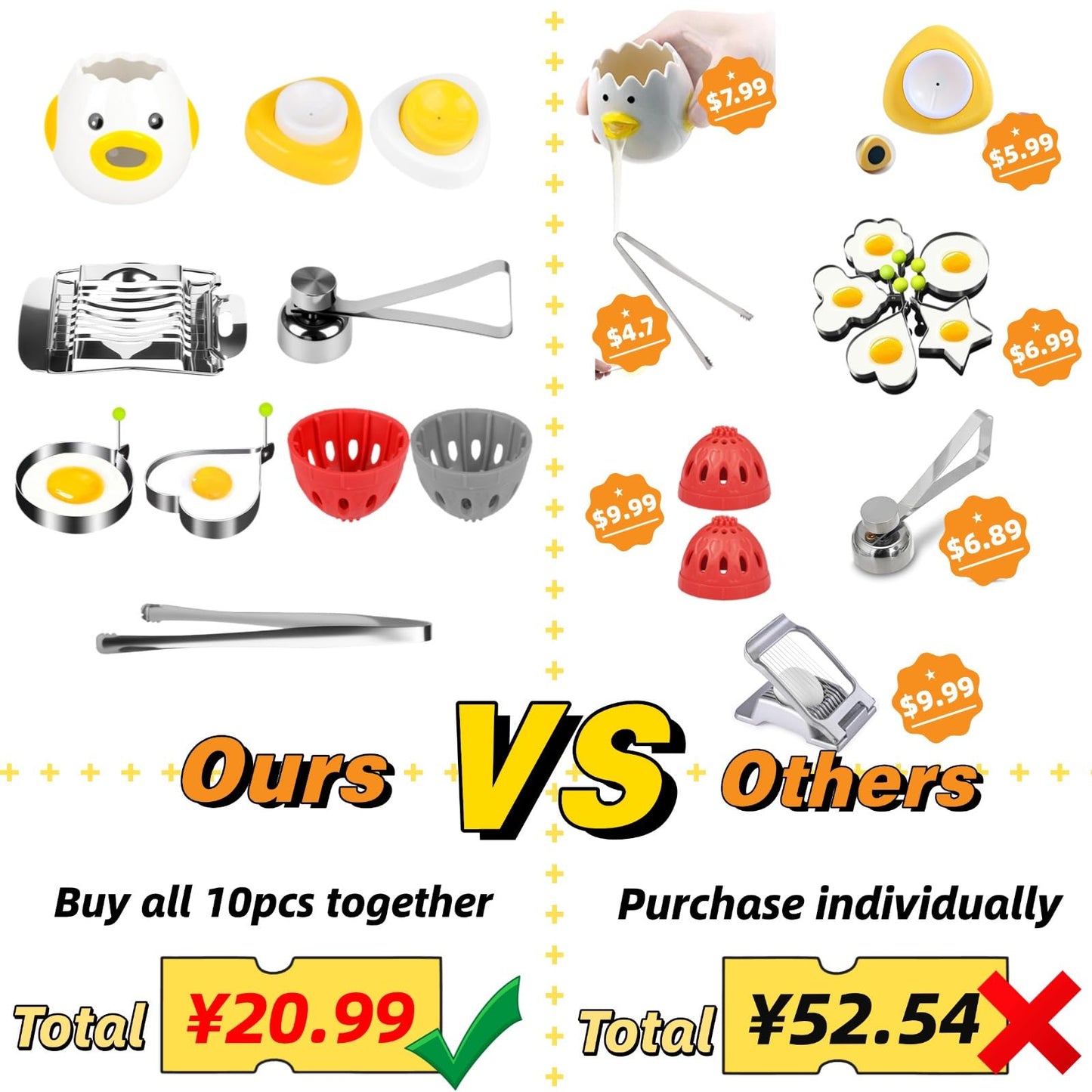 10-in-1 Egg Tool Set:1 Chalaza Remover Tongs,2 Piercers,2 Fry Rings,2 Brush Cleaners,1 Shell Opener,1 Egg Separator,1 Egg Slicer -All Essential Egg Prep Gadgets for Perfect Cooking