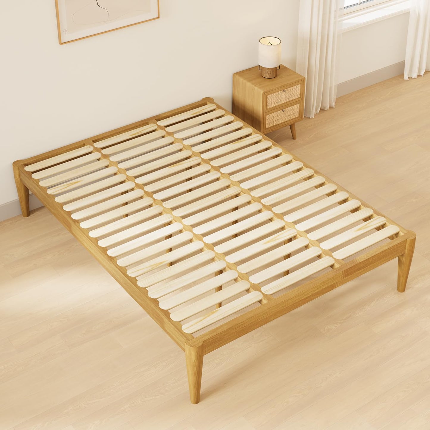 IOTXY Queen Platform Bed Frame - Solid Wood 16-Inch Height Mattress Foundation Base with Densely Slats and Heavy-Duty Support Legs, No Box Spring Needed, Oak