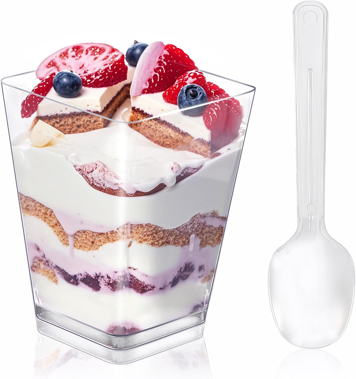 Uxaoxao 50 Pack 5oz Dessert Cups with Spoons, Plastic Yogurt Parfait Cups, Mini Square Dessert Cups with Spoons