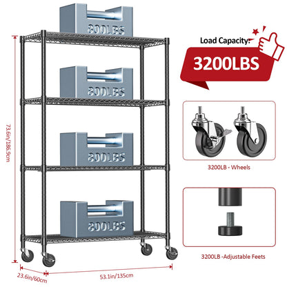 IZEUK Garage Shelving Wide Storage Shelves 4 Tier Metal Shelves 3200 LBS Heavy Duty Adjustable Utility Shelf Rack Black 23.6" D x 53.1" W x 73.6" H
