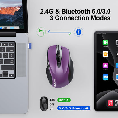 TECKNET Wireless Mouse (BT5.0/3.0 & 2.4G) Rechargeable 4800 DPI Silent USB A & Bluetooth Mouse 6 Buttons, Wide Compatibility - Grey