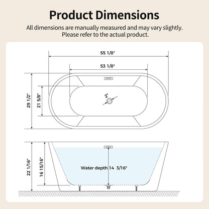 DeerValley 55" Acrylic Freestanding Bathtub, Deep Soaking Tub with Center Drain & Integrated Overflow, White Standalone Shower Tub Ergonomic Design, DV-1T0582