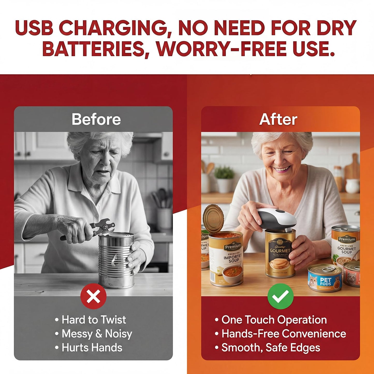 Electric Can Opener, Automatic One-Touch Hands-Free, Smooth-Edge Rechargeable Can Opener for All Can Sizes — Fast Side-Cut Opening, Safe & Easy for Seniors/Arthritis — Compact Kitchen Gadget