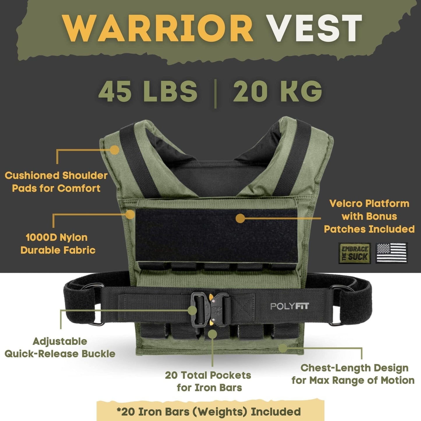 Polyfit (Warrior) Adjustable Weighted Vest - 25lb | 35lb | 45lb - Weight Vest with Adjustable Iron Weights for Men and Women - Workout Vest for Strength Training, Running, Walking, Rucking - GREEN - 20KG