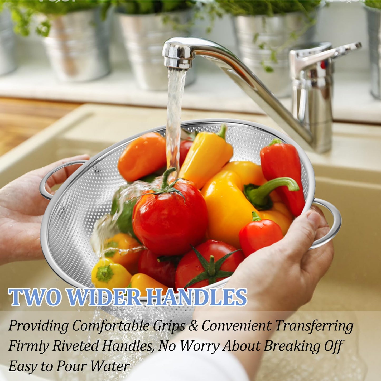 TeamFar Colander Set of 3, Stainless Steel Perforated Metal Colander Strainer with Handles for Spaghetti, Pasta, Berry, Rust Free & Dishwasher Safe - 1/3/5-quart
