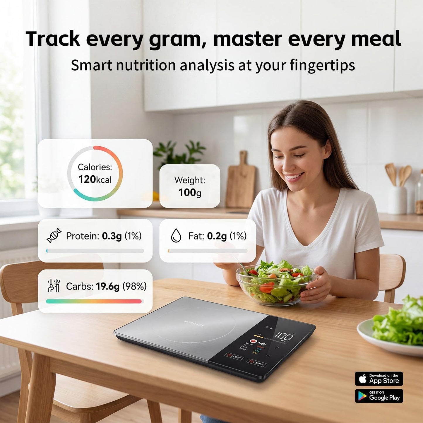 WARMKEY TFT Dual Display Smart Nutrition Scale with App, Tracks Calories, Fat, Carbs & Protein, 1g Precision, 5kg/11lb, 50 Foods 24 Nutrients, for Meal Prep, Keto & Healthy Diet