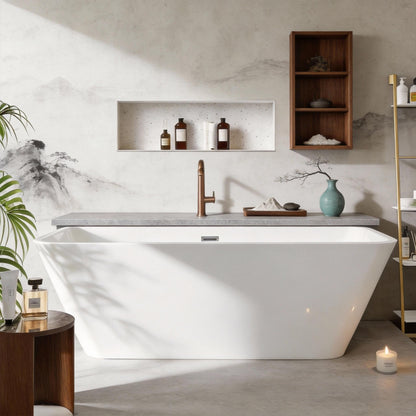 59" Acrylic Freestanding Soaking Bathtub, Matte Drain & Black Overflow, Modern Design Tub for Home Bathroom Renovations, Glossy White